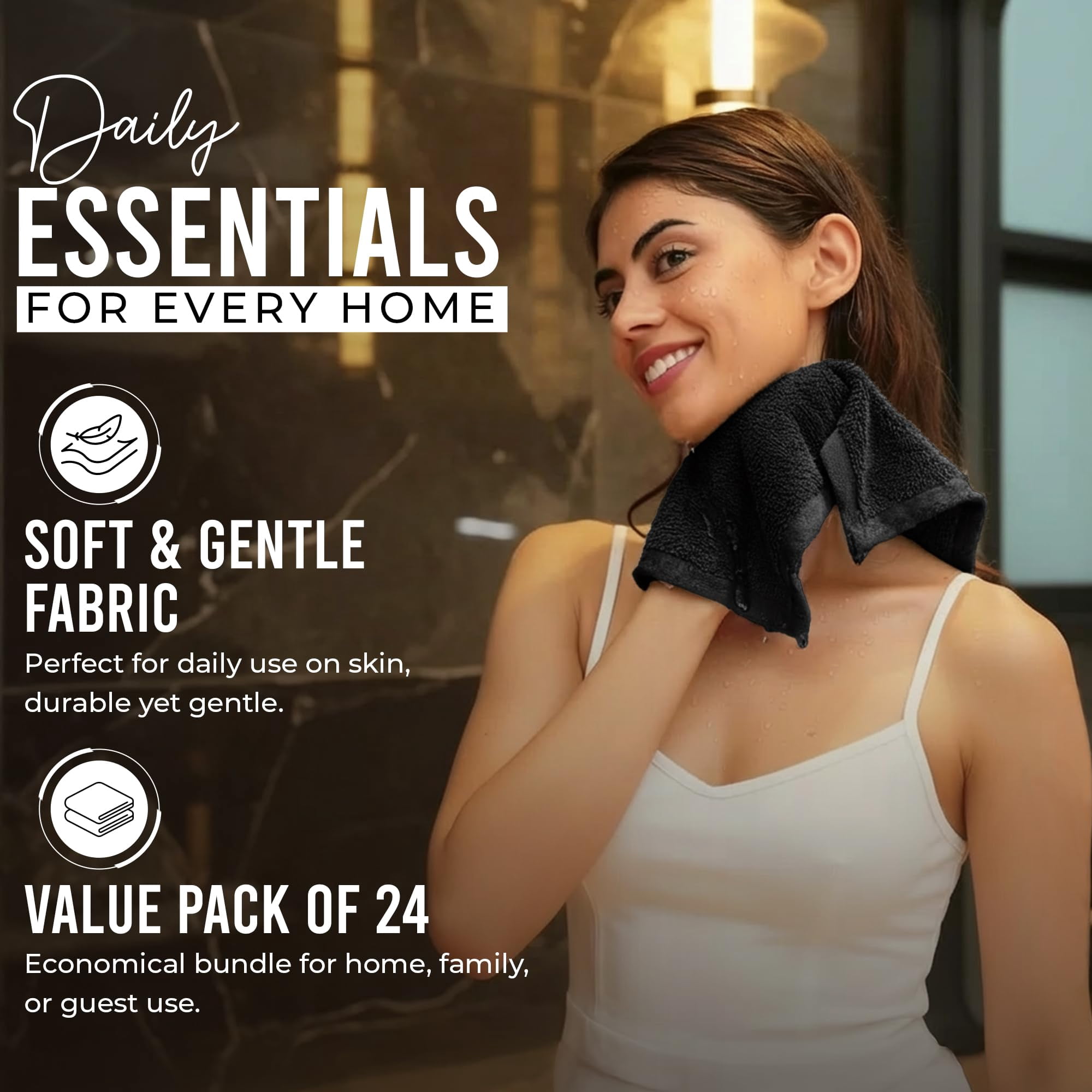 RIVERSIDE 24 Pack Luxury Washcloths 12x12 with Soft Cotton 400 GSM Quick Dry and Absorbent for Face & Body - Black