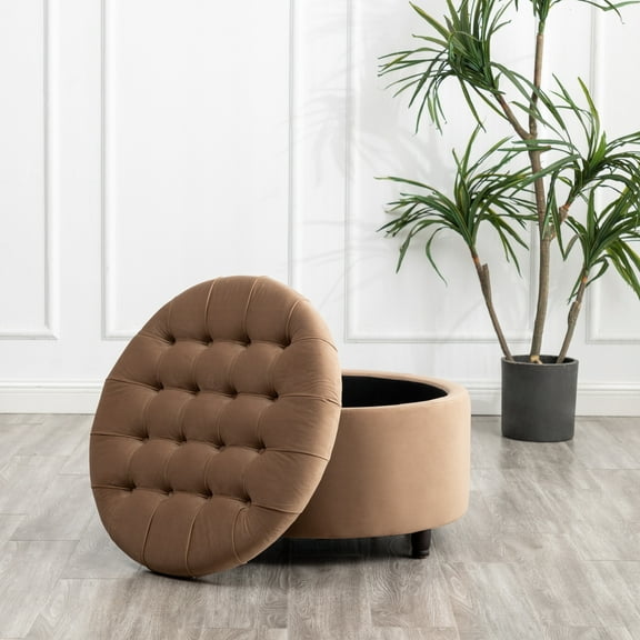 Wovenbyrd Large Round Pintucked Storage Ottoman, Lift-Off Lid - Almond Brown Polyester