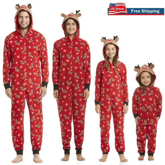 Christmas Jumpsuit Pajamas for Family Onesie Hooded Sleepwear Matching Sets Cartoon Elf Print Pjs