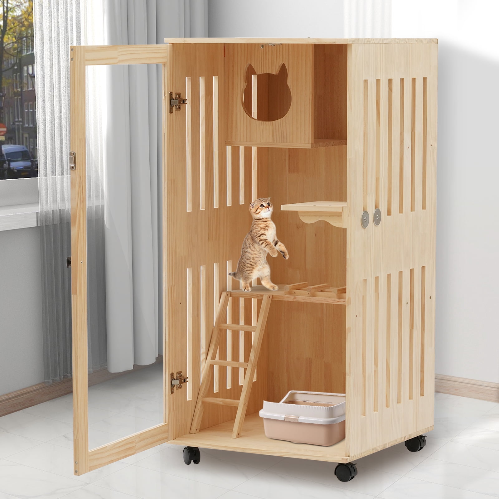 Miumaeov Large Wooden Cat House for Outdoor and Indoor Cats,Luxury Multi-Feature Cat Condo with Cat Scratching Posts Oversized Cat Villa on Wheels (23.62*23.62*47.24 inch)