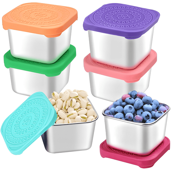 Hnrifc 6Pack 6oz Stainless Steel Snack Containers, Easy Open Leak Proof Food Storage with Silicone Lids, Stackable Small Portion Lunch Box for Family and Travel