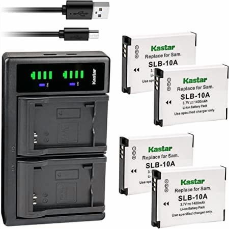 Kastar 4-Pack SLB-10A Battery and LTD2 USB Charger Replacement for Samsung WB200F WB250F WB280F WB350F WB500 WB550 WB600 WB650 WB700 WB750 WB800F WB850F WB1000 WB1100F WB2100