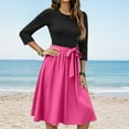thumbnail image 2 of WTOBBY Women's Solid Color Waistband Round Neck 3/4 Sleeve Dress, Flowy Casual Midi Sundress with Minimalist Elegance for Summer,Hot Pink M, 2 of 5
