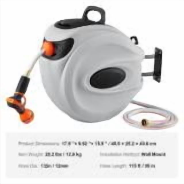 KFFKFF Retractable Hose Reel 115'x1/2" Wall-Mount Hose Reel with 180° Swivel, 9-Setting Nozzle, Auto Rewind, Length Lock, Controlled Retraction