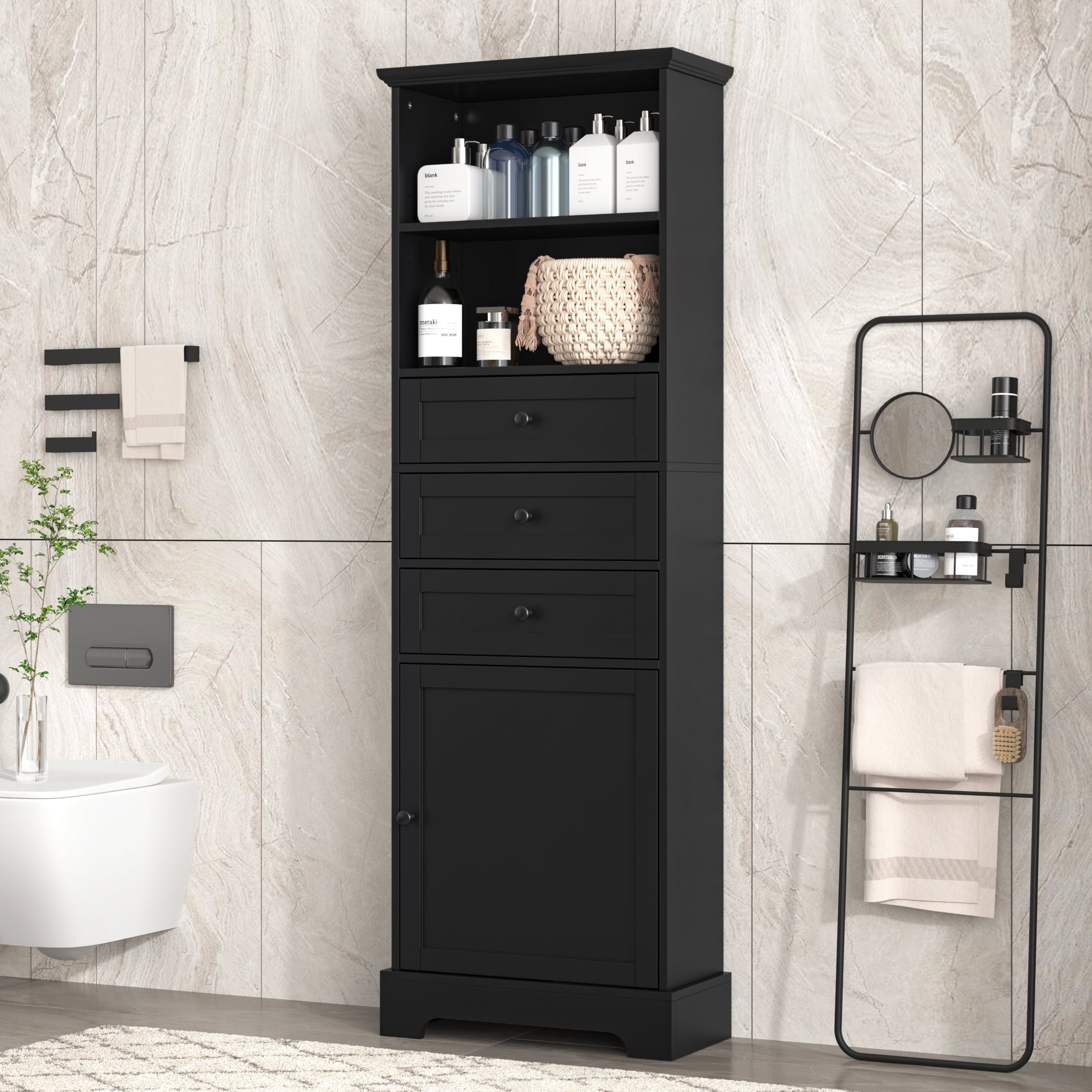 Tall Storage Cabinet with 3 Drawers and Adjustable Shelves for Bathroom