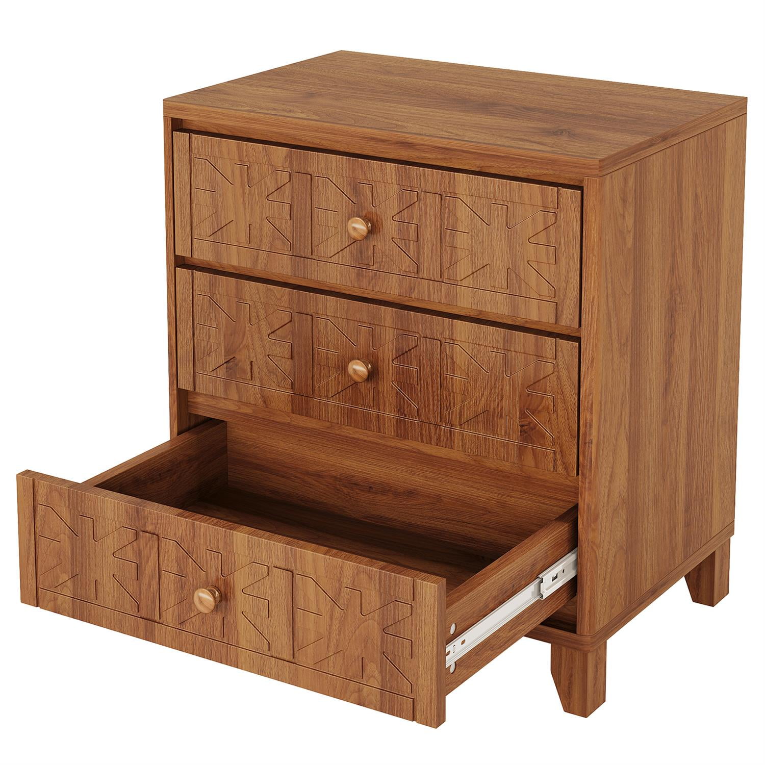 Demi Bonn 25" Wooden Nightstand with 3 Drawers, Elegant Carved Details, Handcrafted Bedside Table for Bedroom, Brown