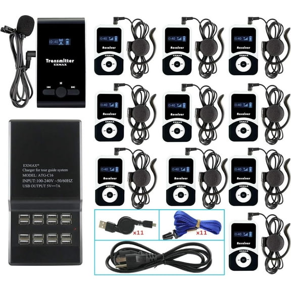 EXMAX® EX-100 Wireless Tour Guide System Microphone Earphone Assisted Listening for Translation Private Silent Conference Travel City Tour (1 Transmitter 10 Receivers 16-port USB Charging Base)