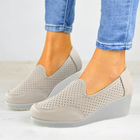 

NECHOLOGY Casual Dress Shoes for Women for Work Ladies Fashion Breathable Solid Color Leather Round Toe Wedge Women Casual Sandals Beige 6.5