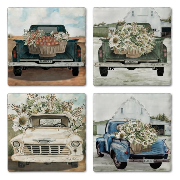 Thirstystone Farming Trucks 4-Pack Assorted Tumbled Tile Coasters