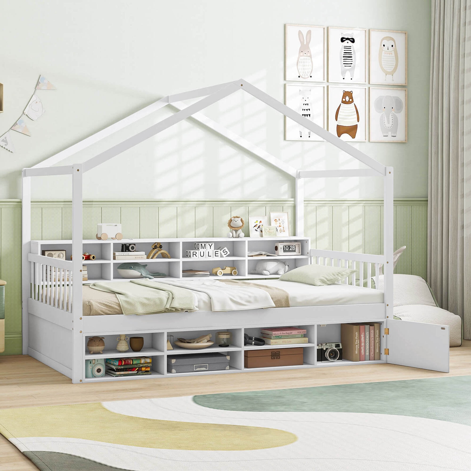 Costway Twin Size House Bed Wooden Platform Bed Frame with Roof & 14 Storage Cubes White