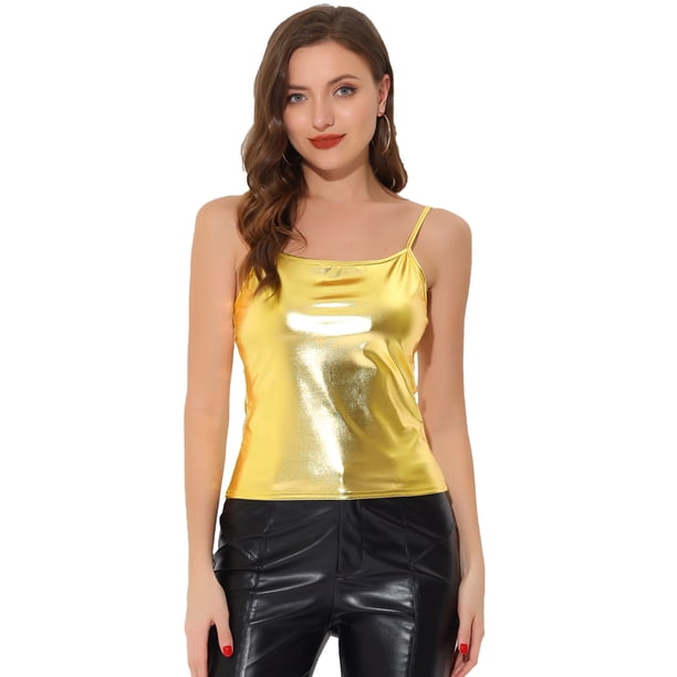 Camiseta holográfica Allegra K Sin mangas Brillante Oro S