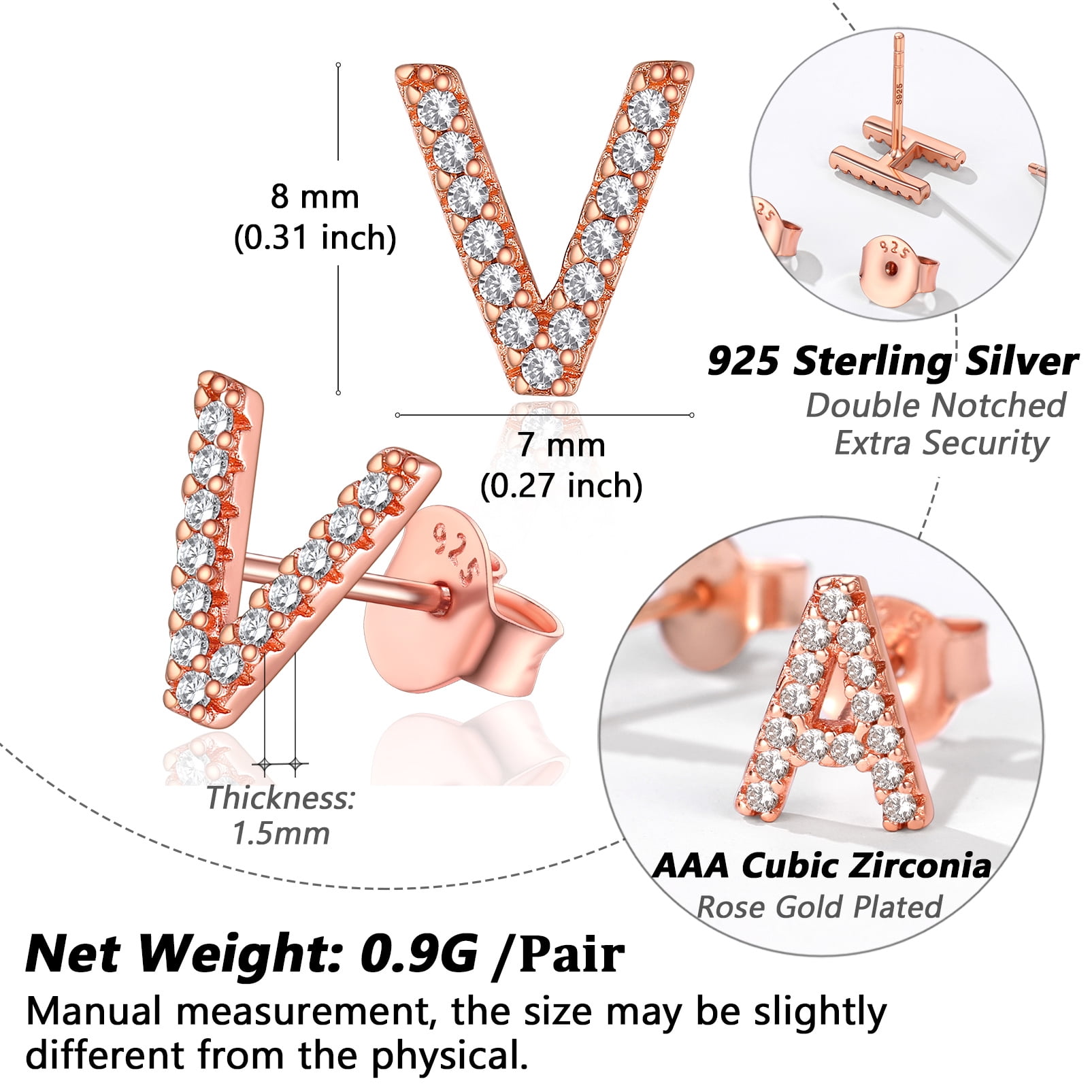Silvora Rose Gold Plated Stud Initial Earrings for Women CZ Simulated Diamond Letter V Silver Earring