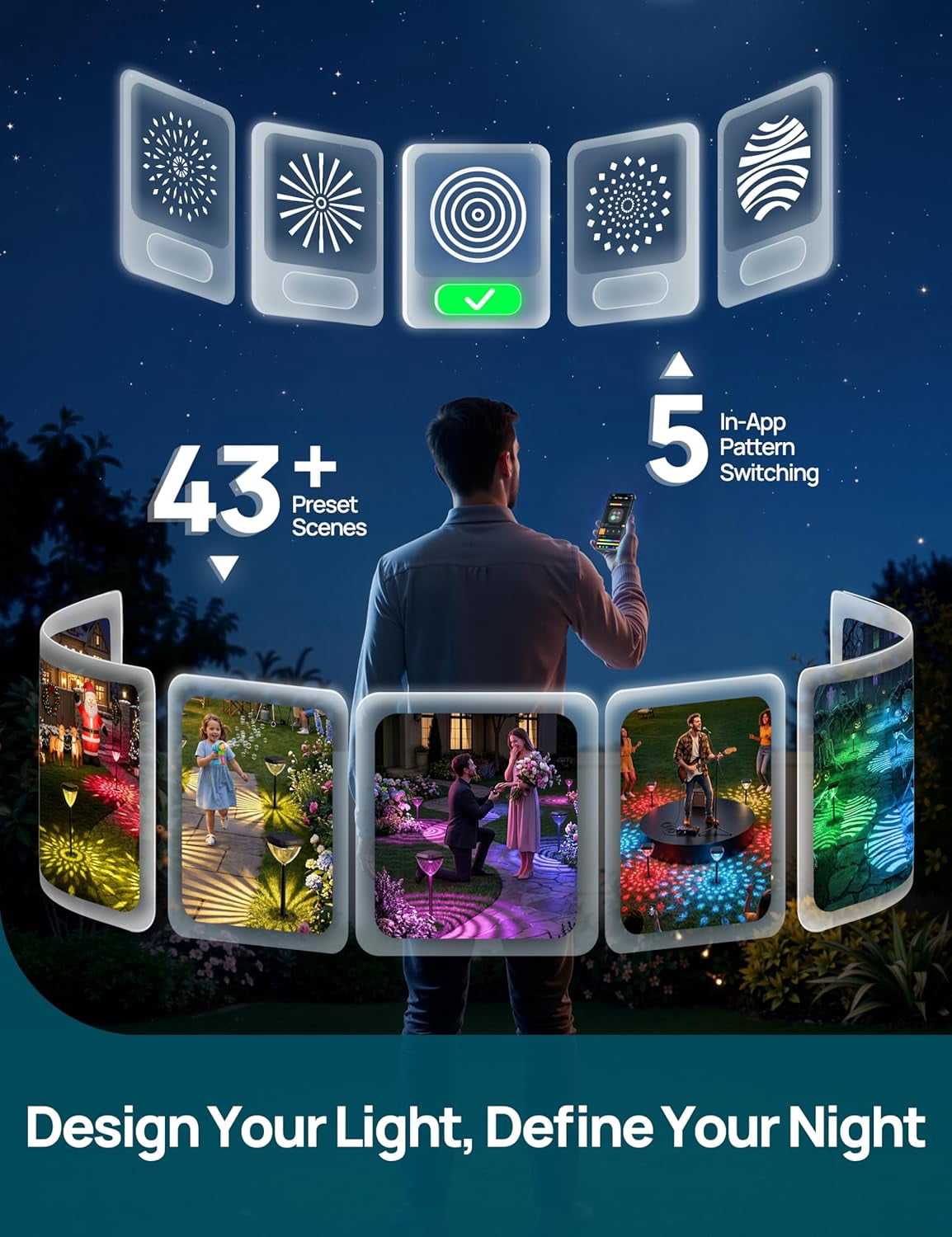 Linkind Smart Solar Pathway Lights SP6, in-App Pattern Switching Solar Lights Outdoor Waterproof, Solar & Wired Charging Color-Changing Landscape Lighting, Garden Decor for Yard, Patio (4 Pack)