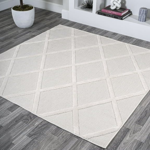 JONATHAN Y IBIZA 5' Square Area Rug, Salines Diamond Trellis - Ivory, IBZ101D-5SQ