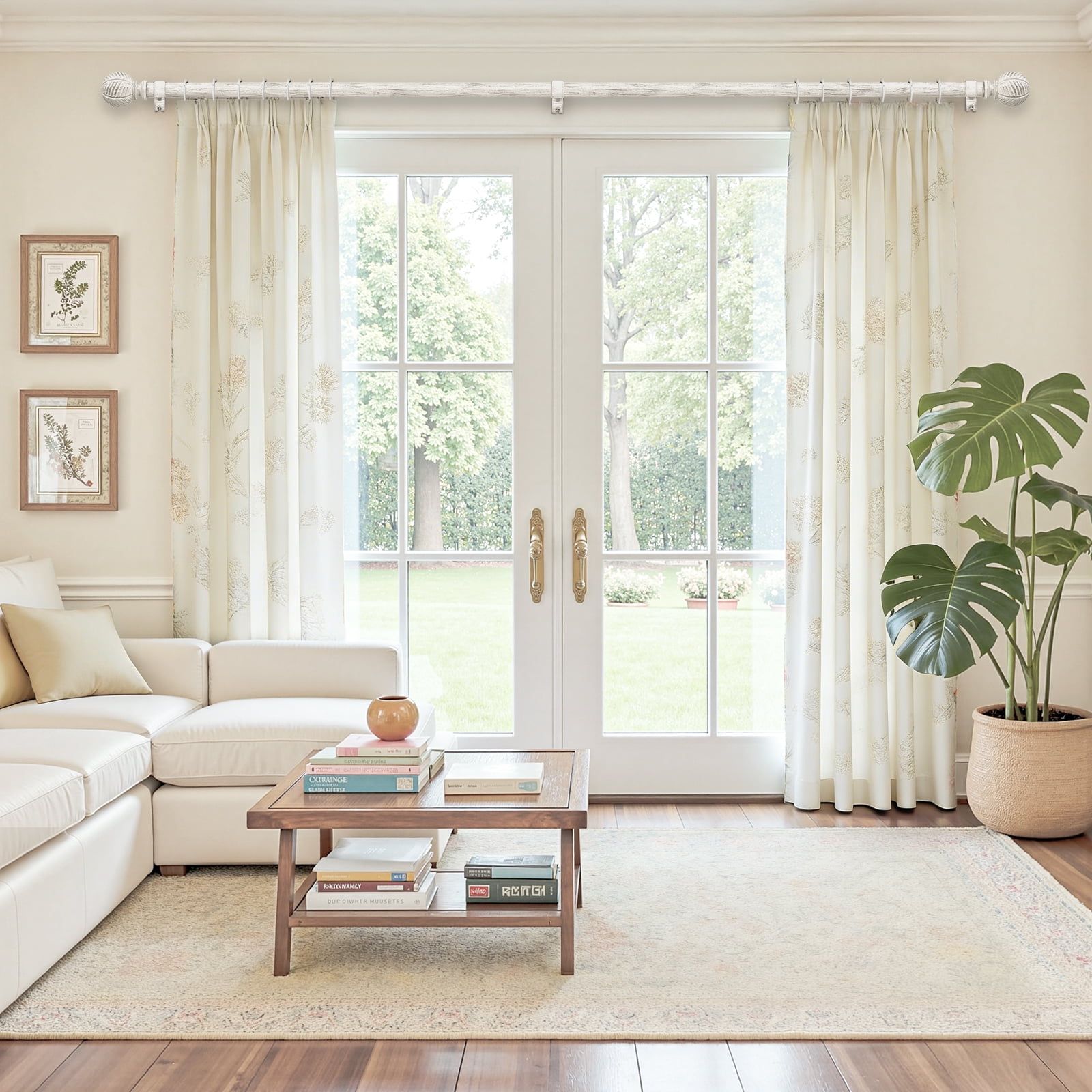 NewBuros Adjustable Wood Curtain Rod, 32 to 86 Inch, 1" Diameter Heavy-Duty Indoor Curtain Rod, Sturdy Rust-Proof with Wood Grain Leaf Pattern, White