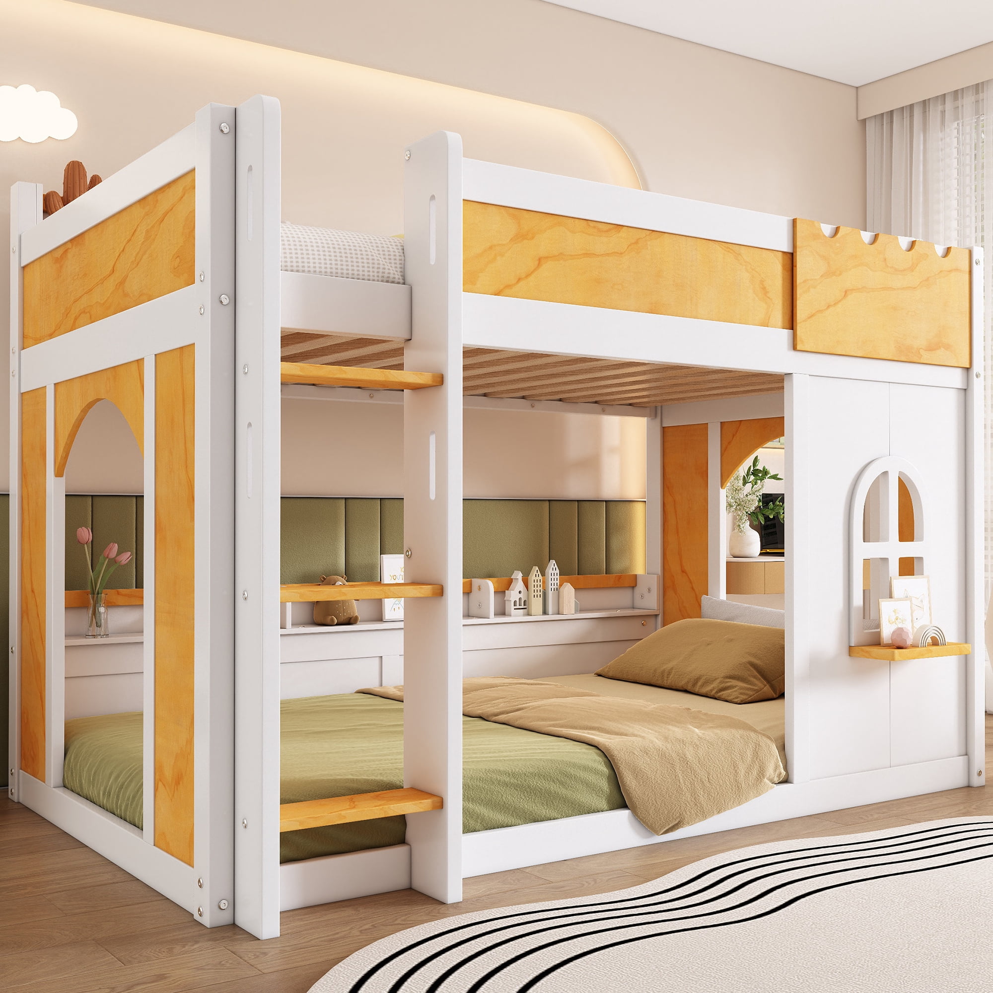 Euroco Wood Twin over Twin Bunk Bed with Storage Shelves, House Shaped Design Loft Bed, White & Natural