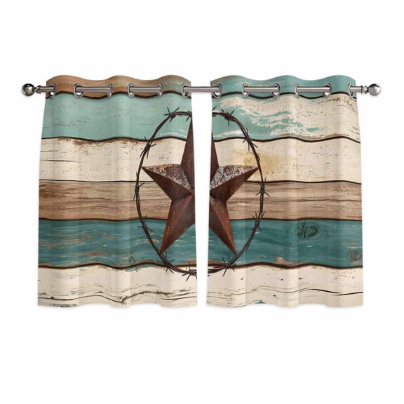 Texas Star Kitchen Curtains Short 45 Inch Length, Country Teal Brown Farmhouse Wooden Grommet Top Bedroom Living Room Curtains, Light Filtering Cafe Curtain Drapes 2 Panels Set 84''x45''