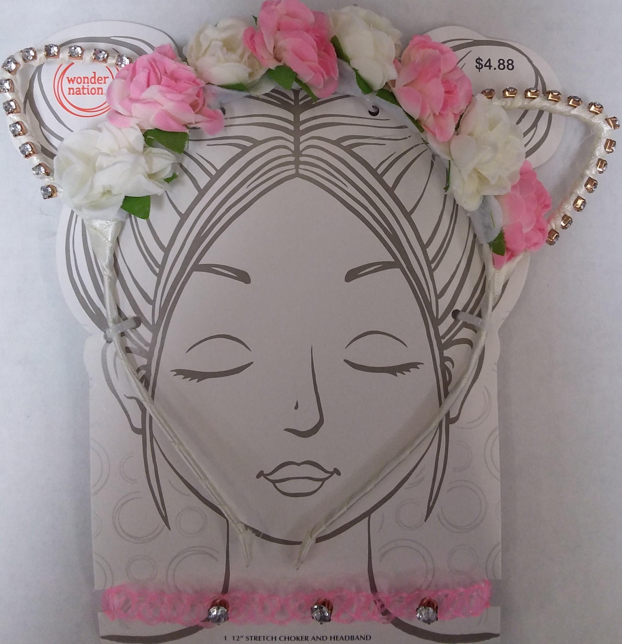 Wonder Nation Kids Flower Cat Ears with Stretch Rhinestone Choker, 2 Count Light Pink