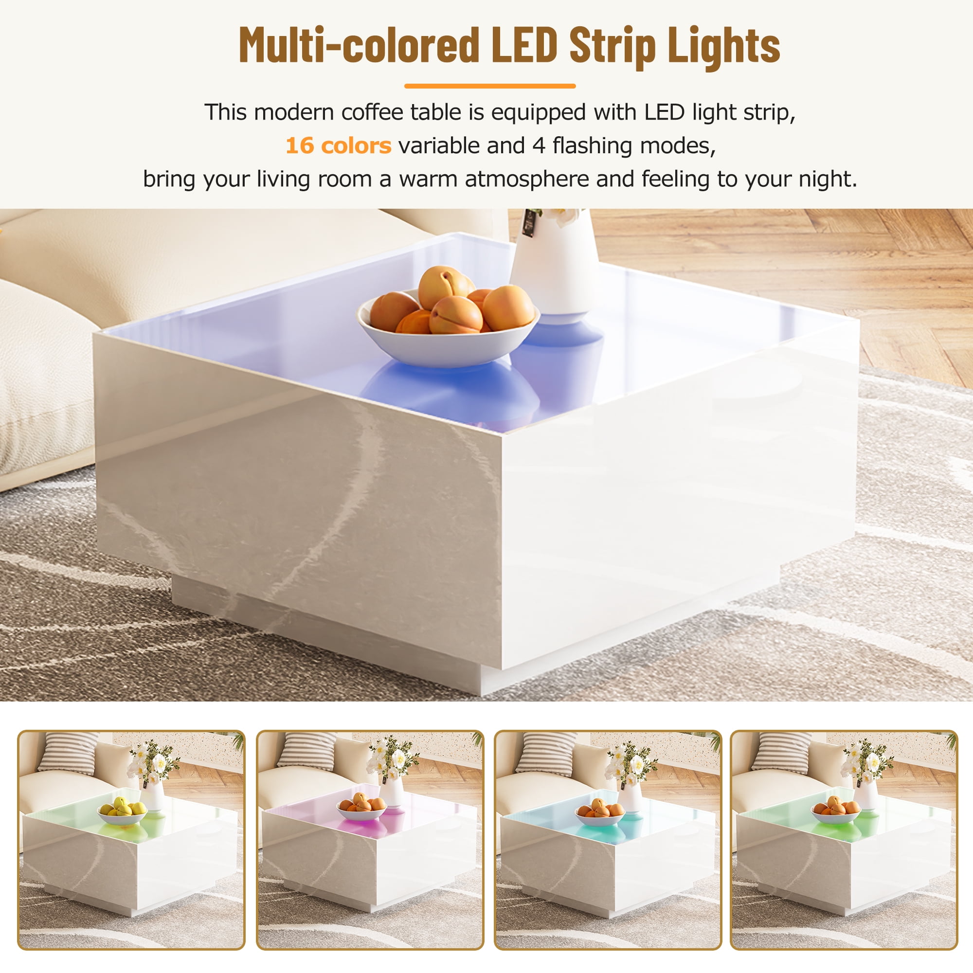 MAYEERTY Square High Glossy Coffee Table with 16-Color LED Strip Lights, Modern Center Table with 5mm Frosted Tempered Glass Top for Living Room, White, 27.5*27.5in