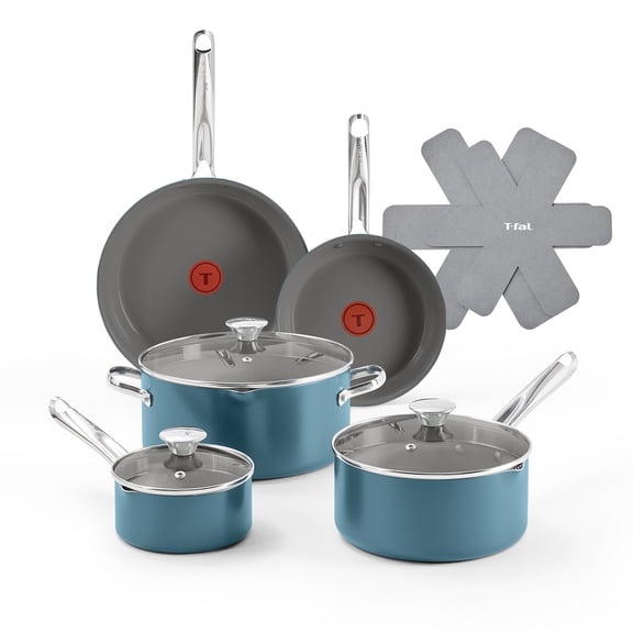 T-fal Cook & Strain 10 Piece Ceramic Cookware Set, Pots and Pans, Teal Blue