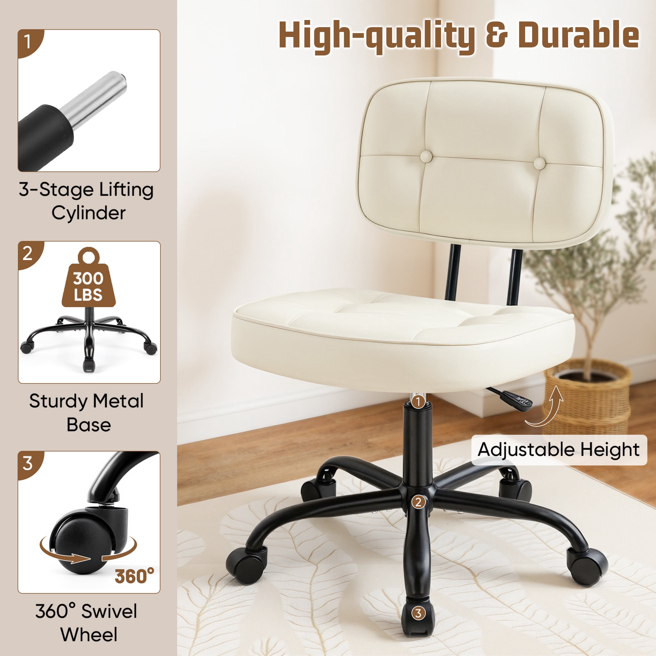 edx Height Adjustable Office Desk Chair, Low-Back Lumbar Support Rolling Work Swivel Task Chair with Wheels for Home Office Bedroom, Beige