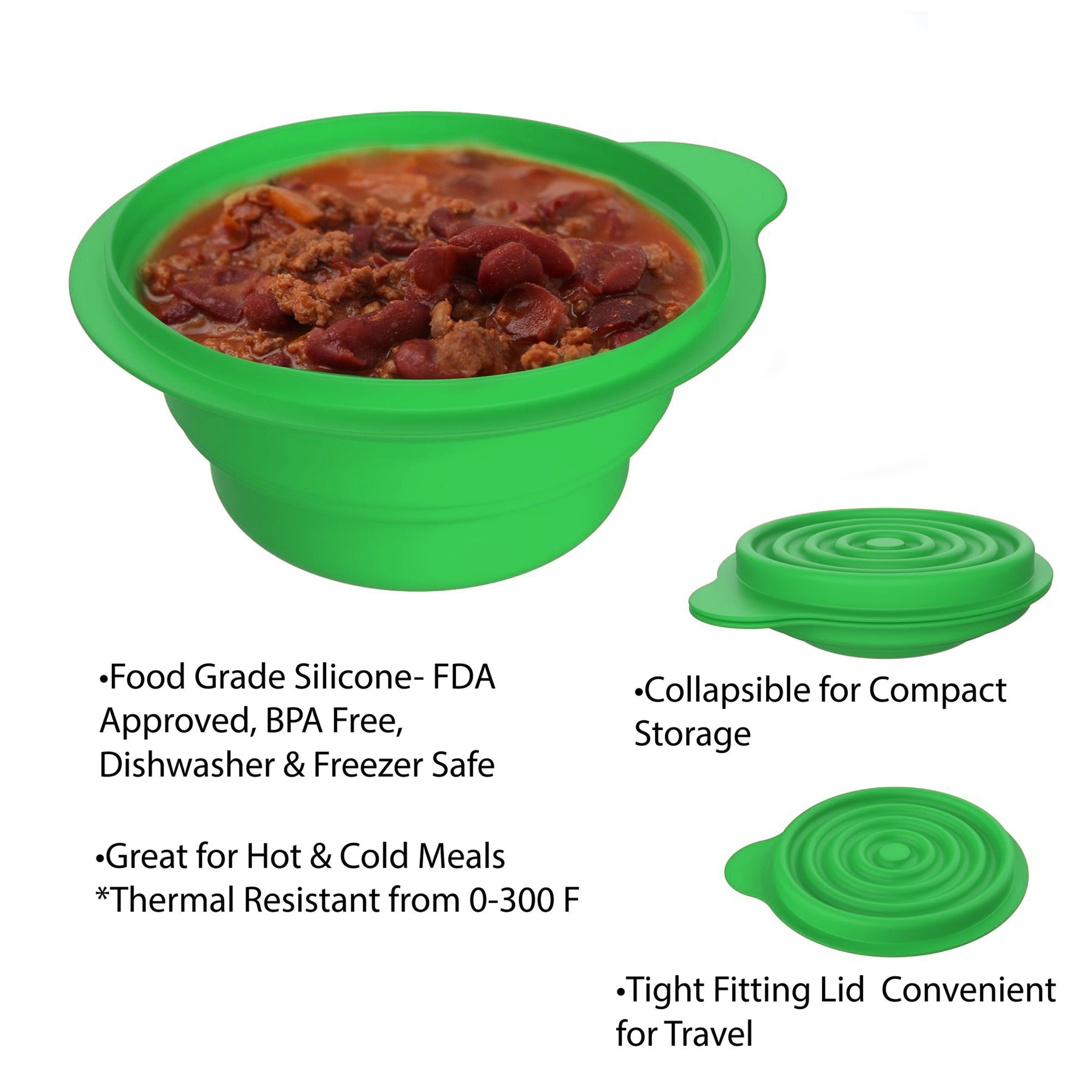 Collapsible Bowls with Lids- BPA Free Silicone, Reusable Hot or Cold Food Bowl for Camping, Travel, Hiking, More by Wakeman Outdoors (2 Pack, Green)