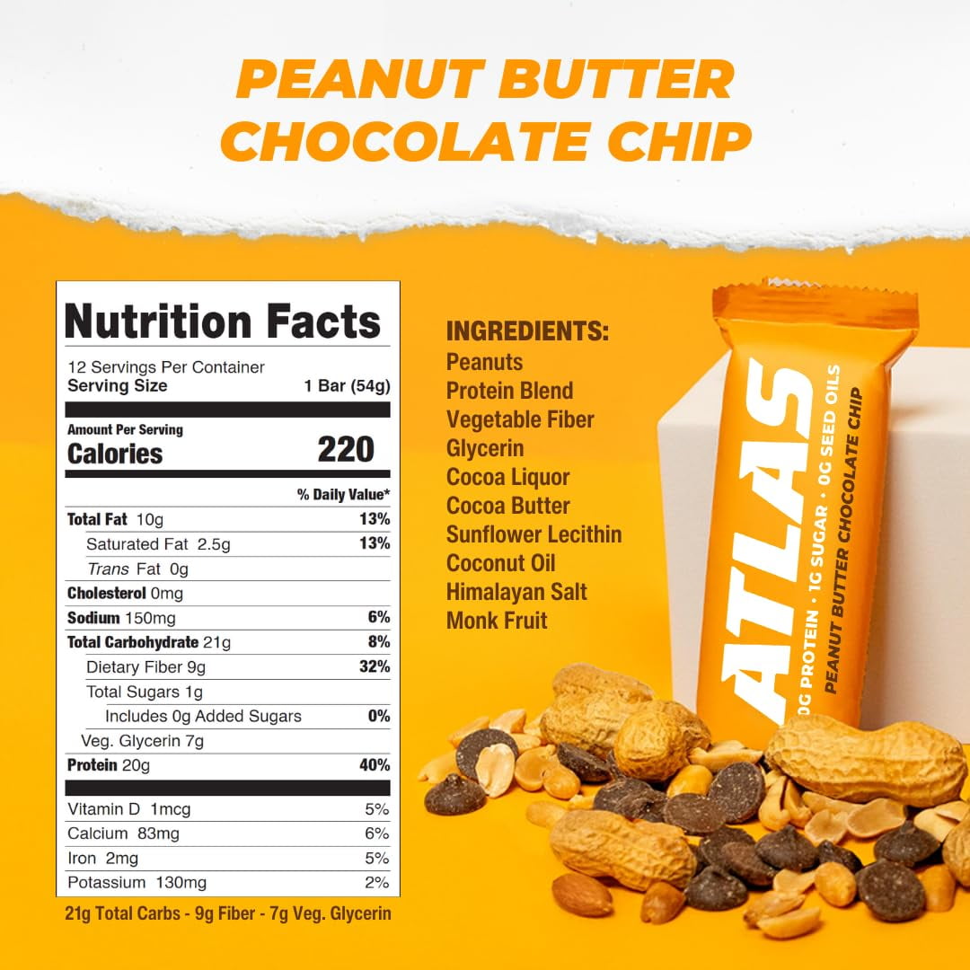 Atlas Protein Bar, Peanut Butter Chocolate Chip, 20g Protein, 1g Sugar, 0g Seed Oil, 12-Pack