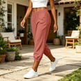 thumbnail image 3 of longantii Womens Cotton Linen Elastic Waist Capri Pants Summer Vintage Casual Loose Fitting Jogger Pants Beach Vacation Bottom Sweatpants Red M, 3 of 7