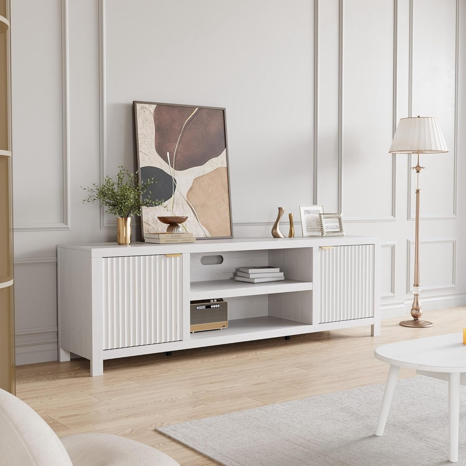 Garvee Fluted TV Stand for 80 Inch TV, Modern Entertainment Center with Storage, Media Console with Gold Handles & Fluted Doors, White