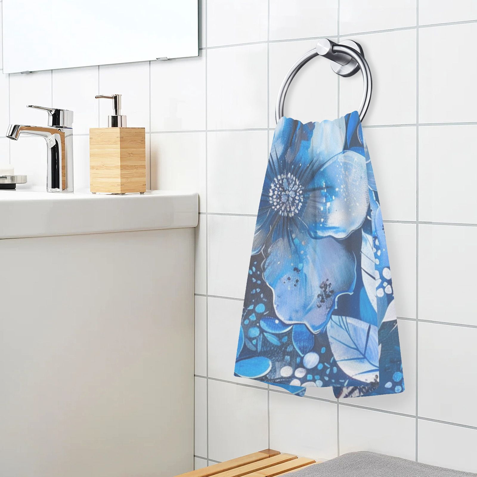 Blue Floral Flowers Hand Towels Cotton Bath Towels Large Face Towels Absorbent for Bathroom 2 Packs