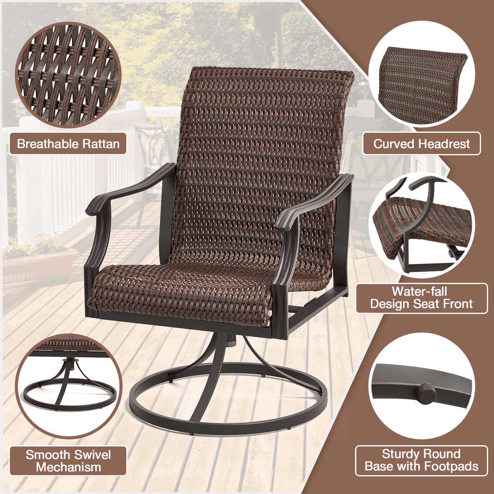 MELLCOM Patio Wicker Swivel Chair Set of 2, Heavy Duty Outdoor Dining Chairs with 23.5'' High Back, Extra-Large Water-Fall Seat, Rattan Porch Chair Gentle Rocker for Outside