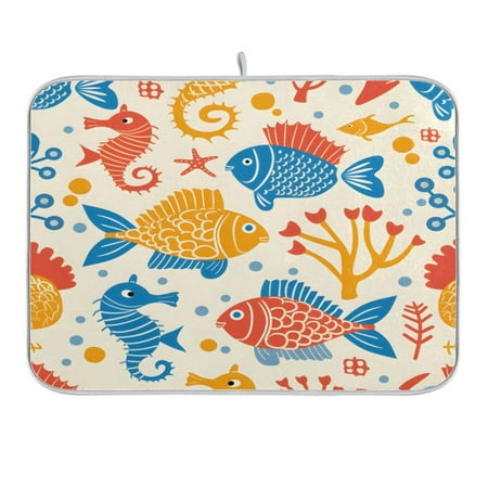 

Dish Drying Mat Kitchen Counter Cartoon Fish and Seahorse Dishes Drainer Pad Absorbent Microfiber Reversible 16 x18