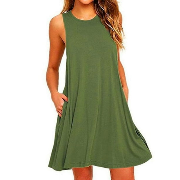 ALSLIAO Moda Mujer Casual Suelto Corto Verano Mini Vestido Sin Mangas Playa Vestido De Verano Verde S