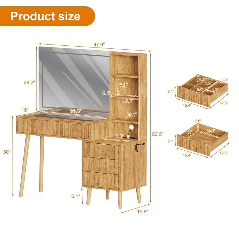 48" Fluted Makeup Vanity Table with 36" LED Mirror & 3 Color Lights Elegant Fluted Vanity Desk with 5 Storage Drawers Open Shelfs Dressing Table with Charging Station & Hair Dryer Rack for Bedroom