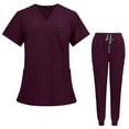 thumbnail image 2 of Minjewel VIAOLI Women's V-Neck Short Sleeve Scrubs for Women Set with Pockets, Comfortable & Professional Scrub Set for Healthcare Workers,Deep Red L, 2 of 7