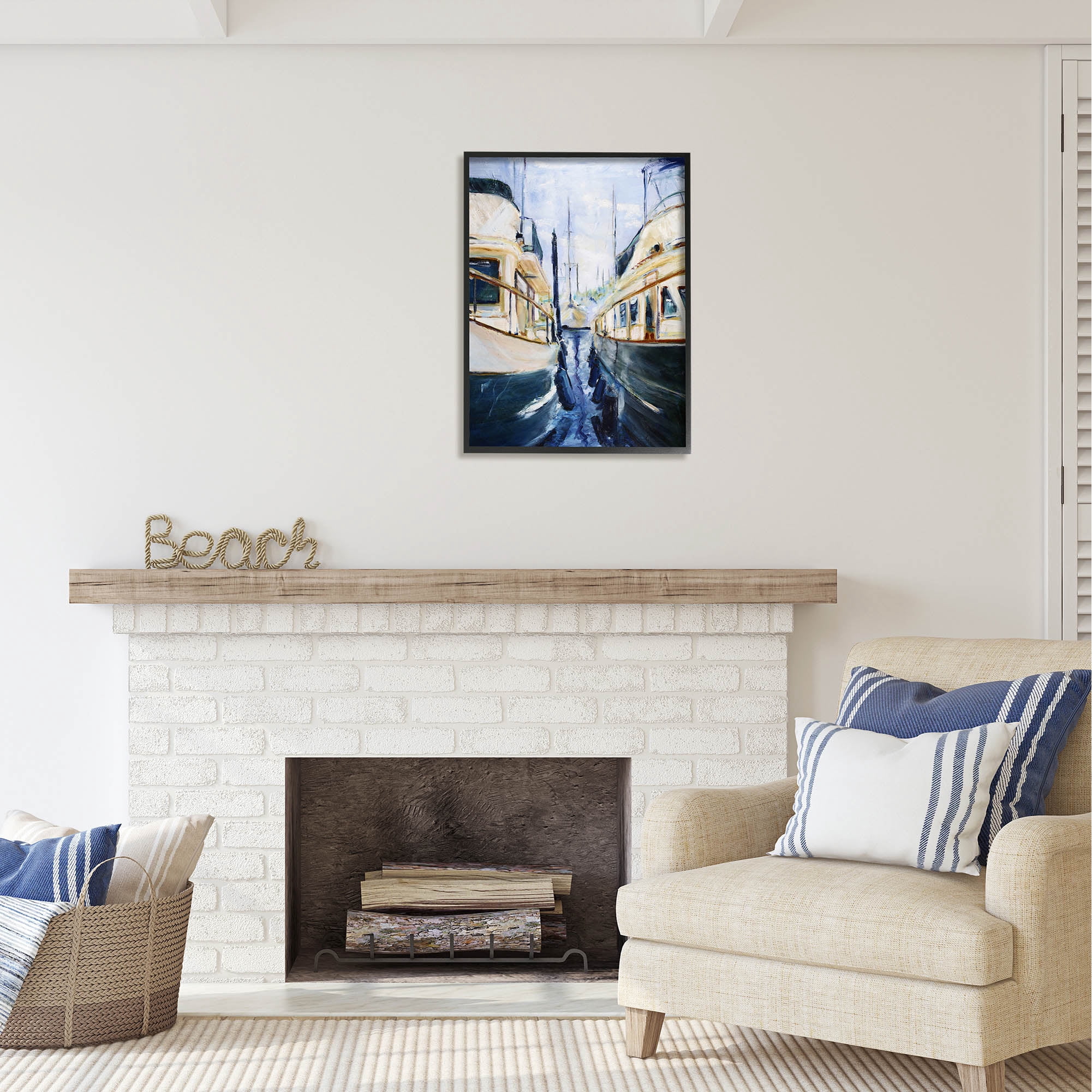 Stupell Industries Marine Harbor Docked Boats Coastal Painting Black Framed Art Print Wall Art