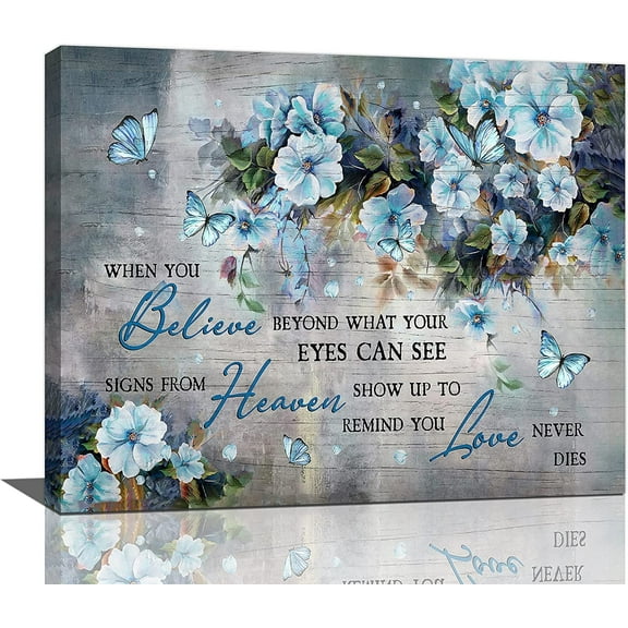 Flower Butterfly Canvas Wall Art Rustic Floral Wall Decor Country Blue Butterfly Painting Inspirational Quotes Pictures Prints Framed Modern Artwork for Home Living Room Bedroom Bathroom 20"x16"