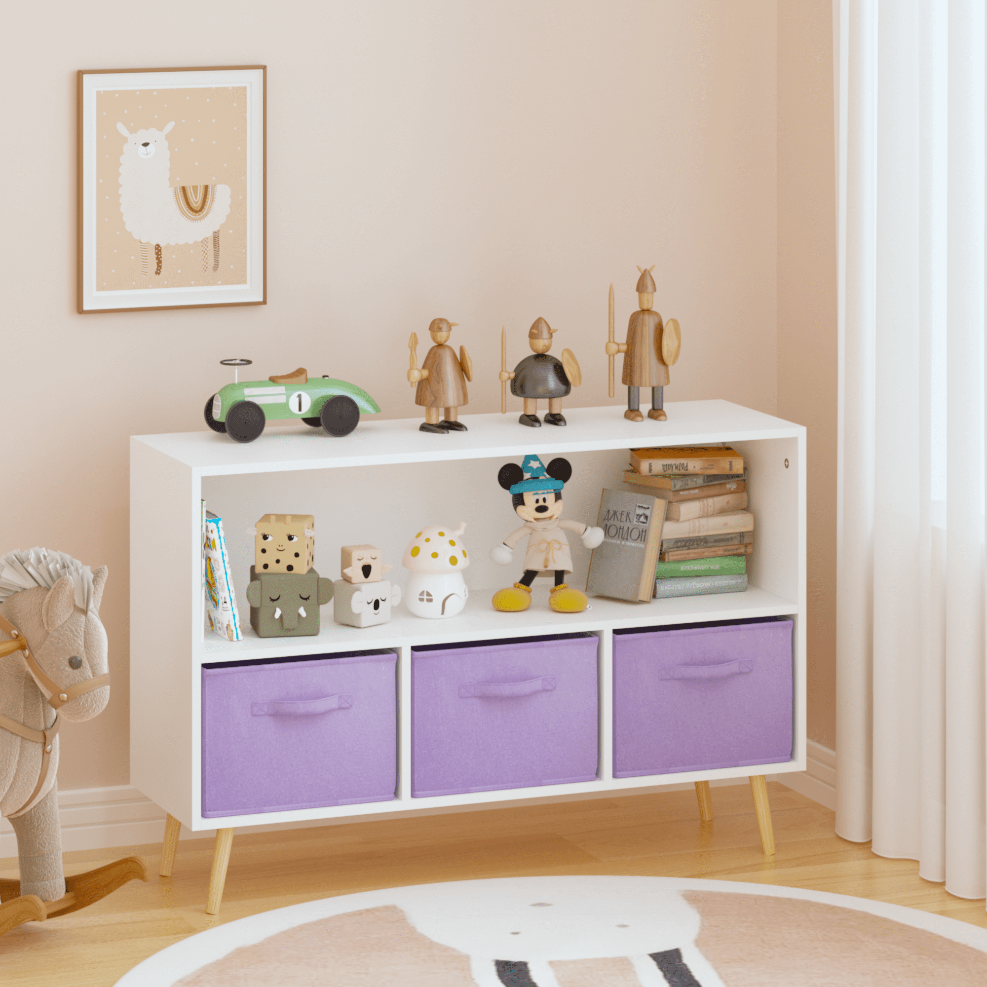 Aukfa Kids Bookcase with 3 Collapsible Drawers, Display Stand Toy Storage Organizer for Bedroom/Playroom,Purple