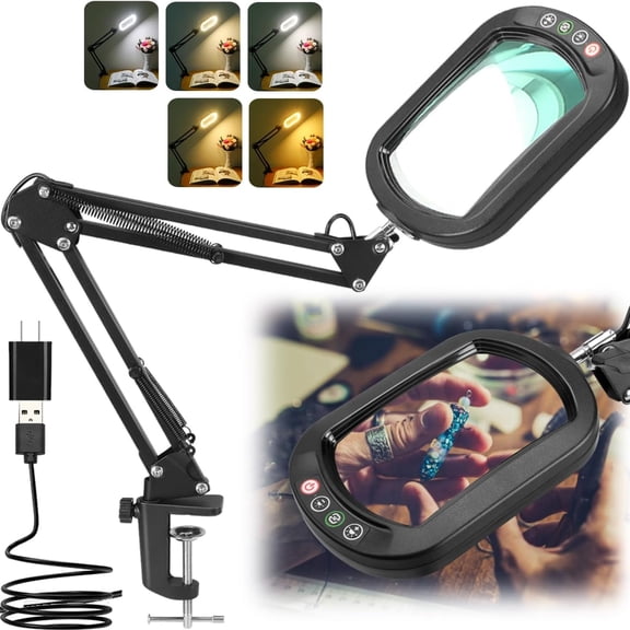 Rectangle Magnifying glass Lamp with Light and clamp - 5 Color Modes, Adjustable Brightness - Hands Free for Reading, Crafts, Painting