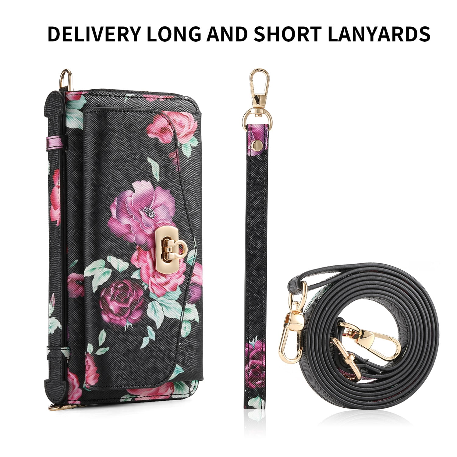 SaniMore Magnetic Detachable Wallet Case for iPhone 13 Pro Max, Flower Pattern RFID Blocking Cover Support Wireless Charging Card Slot Shoulder & Wrist Strap 360° Full Protective Shell, Black
