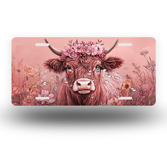Cow with Pink Flower Crown Front License Plate,Metal License Plate,Funny Standard Plates Personalized Novelty Decorative For Men/Women/Boys/Girls Car 6×12 Inch
