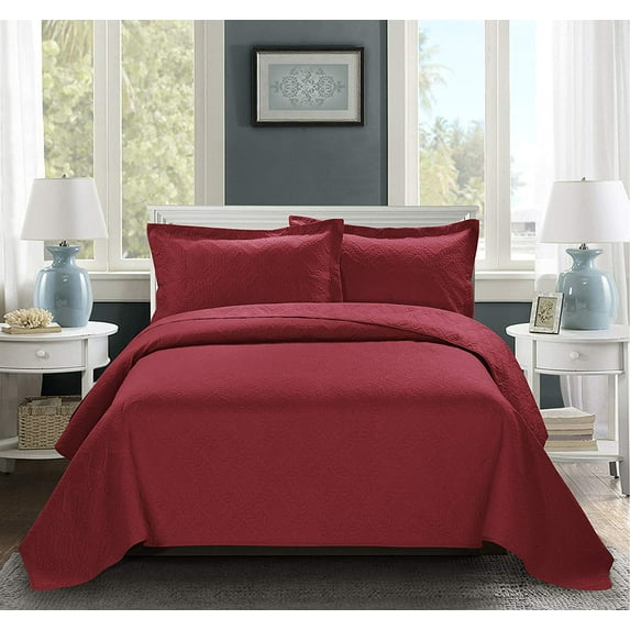 Unique Home 3 Piece ESTANCIA Ultrasonic Embossed Bed Spread Clearance bedding Comforter Duvet Set Fade Resistant, Super Soft, 118x106in (King,Burgundy)