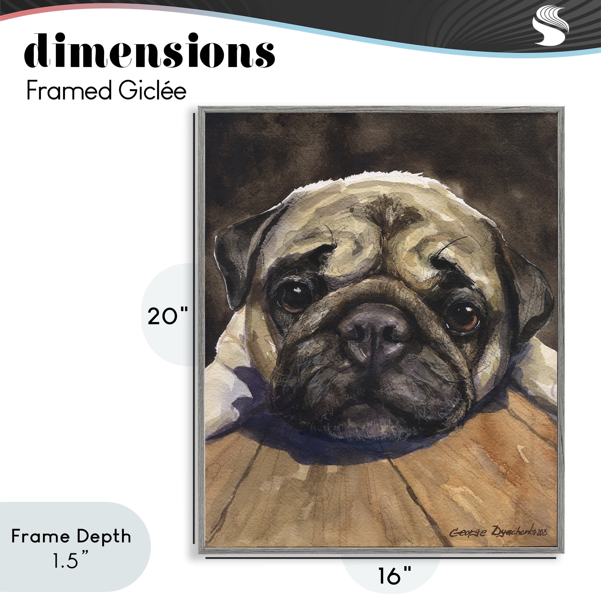 Stupell Industries Pug Soulful Portrait Gray Framed Giclee Art, design by George Dyachenko