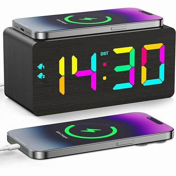 HAYANWooden Digital Alarm Clock with Fast Wireless Charger, Dual USB Charging Ports, DST, Dimmable, Snooze, RGB Large Number Display LED Clock for Bedrooms, Living Room, Desk, Table, Bedside(Black)