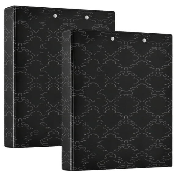 Black Decorative Pattern 12.4x10.6in PVC Round Ring Binder, D-Ring 3-Hole, Metal Clip, 200 Sheets