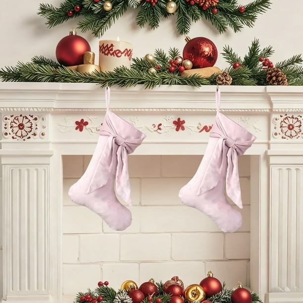 Media navideña de terciopelo | Calcetín navideño de terciopelo con nudo y cuerda decorativa con copos de nieve y estrellas | 15,75 x 7,48 pulgadas, colgante navideño para árbol de Navidad, ideal