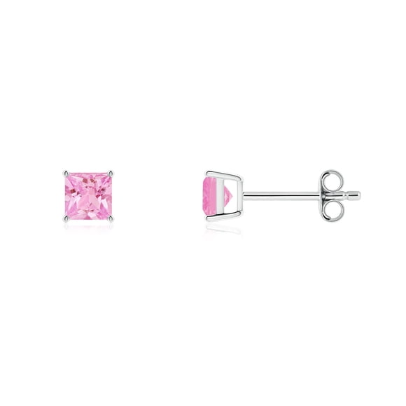 Angara Natural Pink Sapphire Earrings - Basket-Set Square Pink Sapphire Stud Earrings in Platinum for Women
