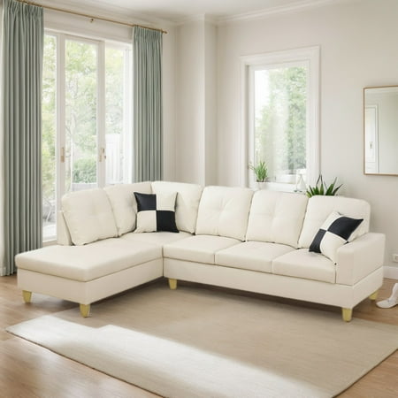 Sectional Couch for Living Room Furniture Sets, Faux Leather L Shape Living Room Sofa with Chaise 2 Piece Using for Apartment, Office, Bedrooms, White (Facing Left Chaise)