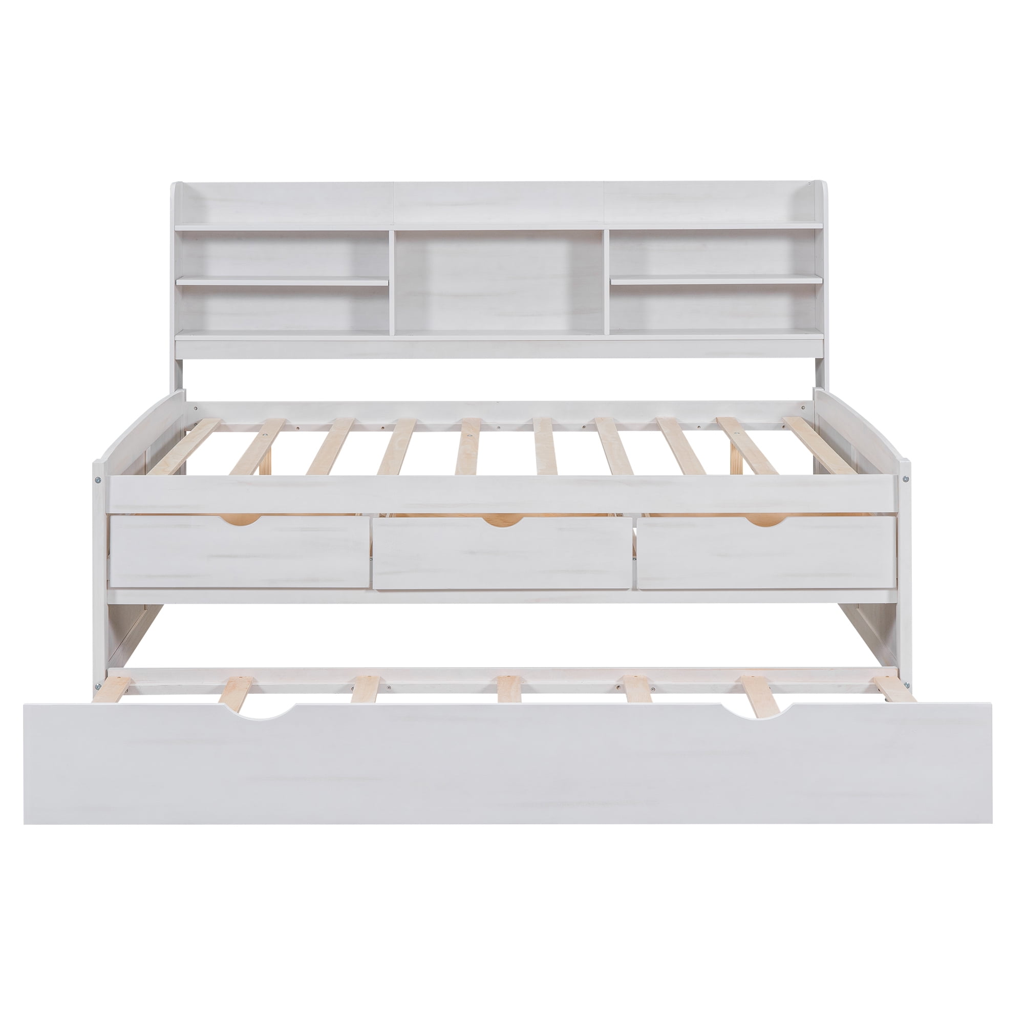 EUROCO Full Size Captain Bed, Daybed with Trundle and Bookcase, Drawers and Shelf Platform Bed,White