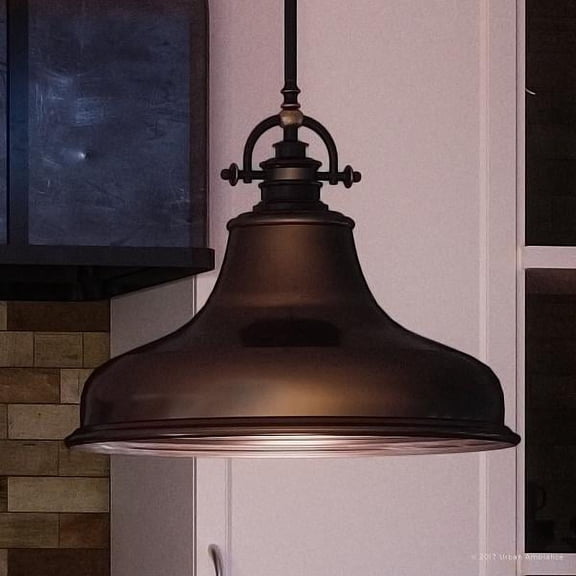 Urban Ambiance Luxury Industrial Indoor Hanging Pendant Light, Medium Size: 11.5"H x 13.5"W, with Americana Style Elements, Nostalgic Design, Oil Rubbed Parisian Bronze Finish and Steel Shade, UQL2288